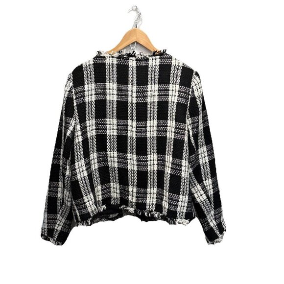 1.STATE Womens Jacket Blazer Coat SZ XXL Black White Tweed Plaid Cropped Fringe - Picture 3 of 8